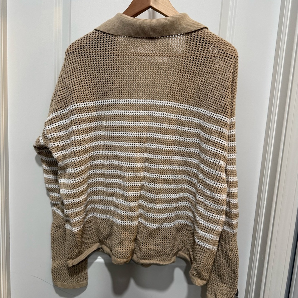GAP Relaxed Cotton Tan and White Striped Crochet Collar V-Neck Sweater XL - Picture 5 of 8